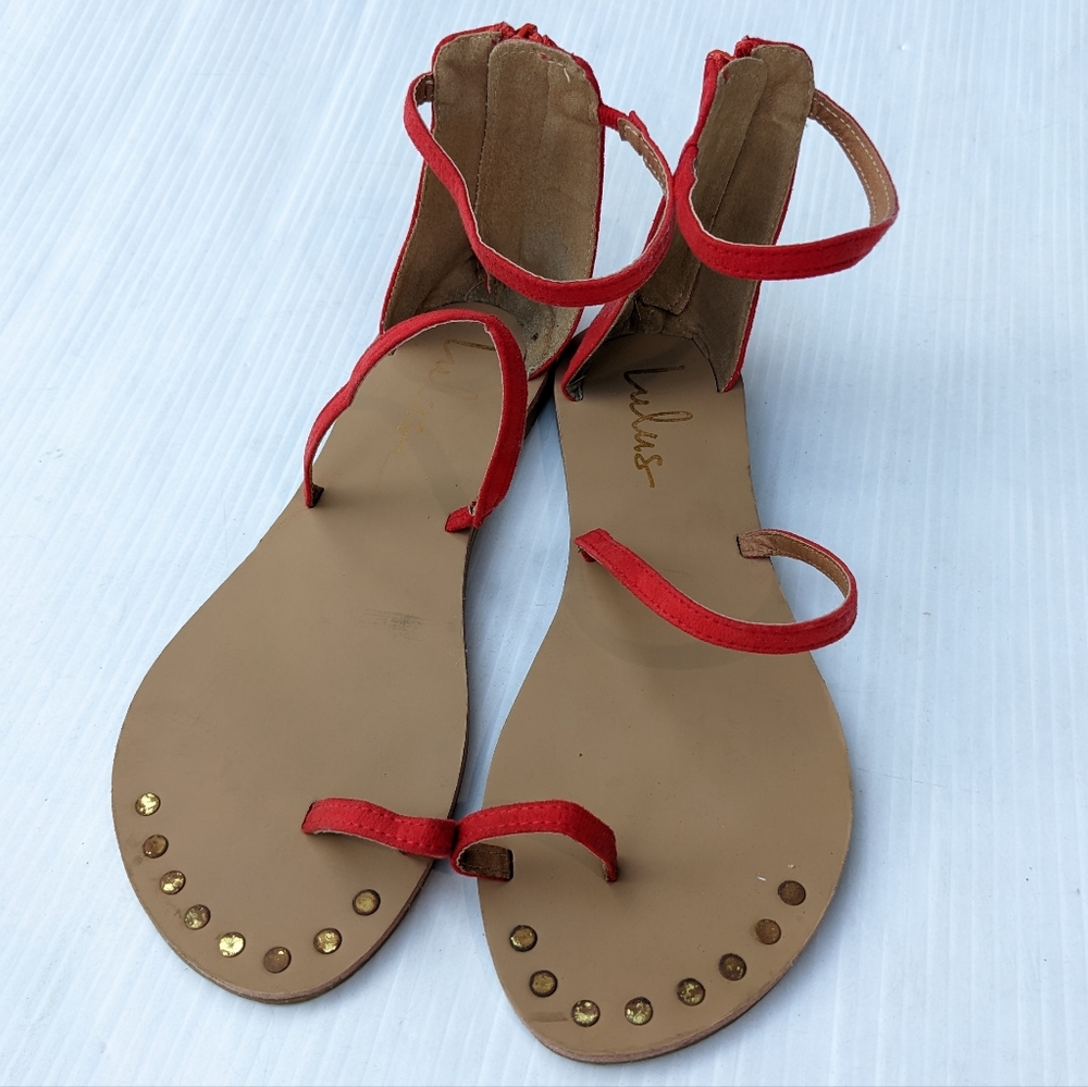 Lulus Red Toe Strap Ankle Strap Flat Sandals - image 6